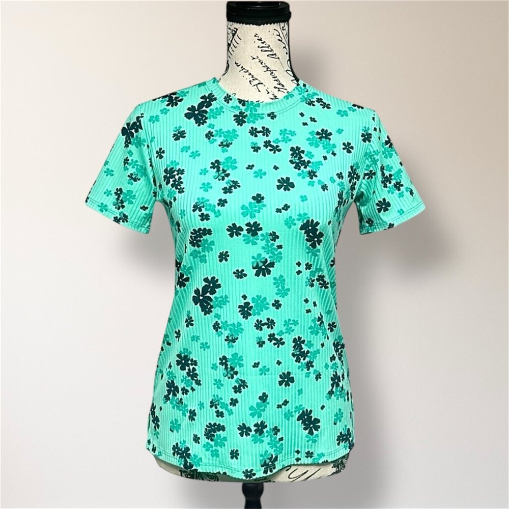 EleVen by Venus Williams‎ S Aqua Green Floral Ribbed Tennis Athletic Tee